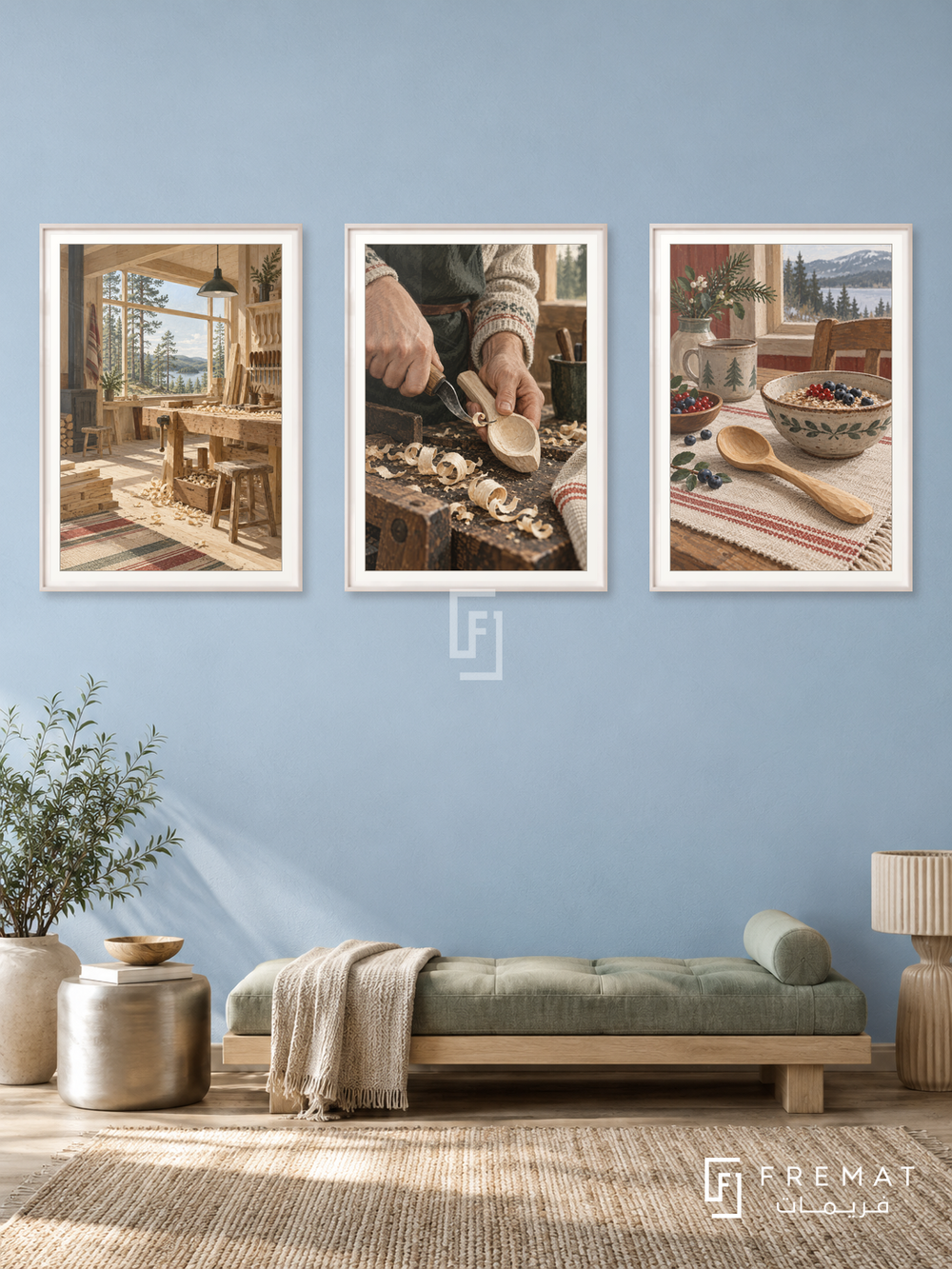 Scandinavian Wood — set of three complementary culture artworks in White frames, shown at 50×70 cm each.