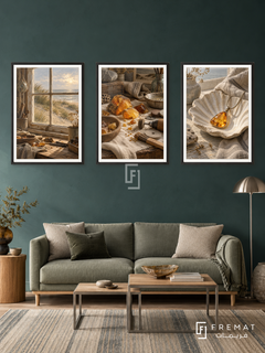 Baltic Amber — set of three complementary culture artworks in Black frames, shown at 50×70 cm each.