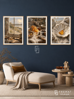 Baltic Amber — set of three complementary culture artworks in Gold frames, shown at 50×70 cm each.