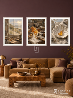 Baltic Amber — set of three complementary culture artworks in White frames, shown at 50×70 cm each.