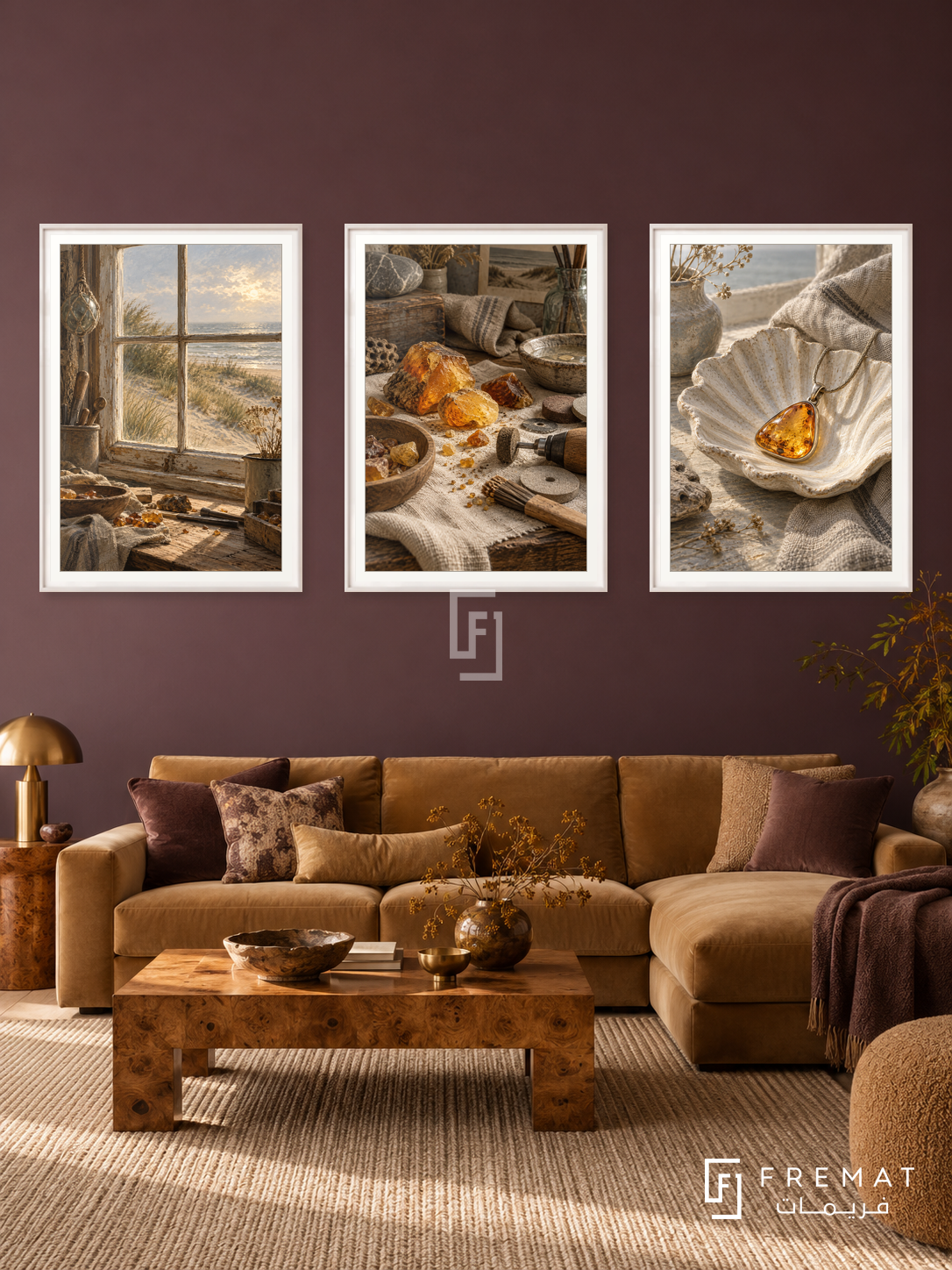 Baltic Amber — set of three complementary culture artworks in White frames, shown at 50×70 cm each.