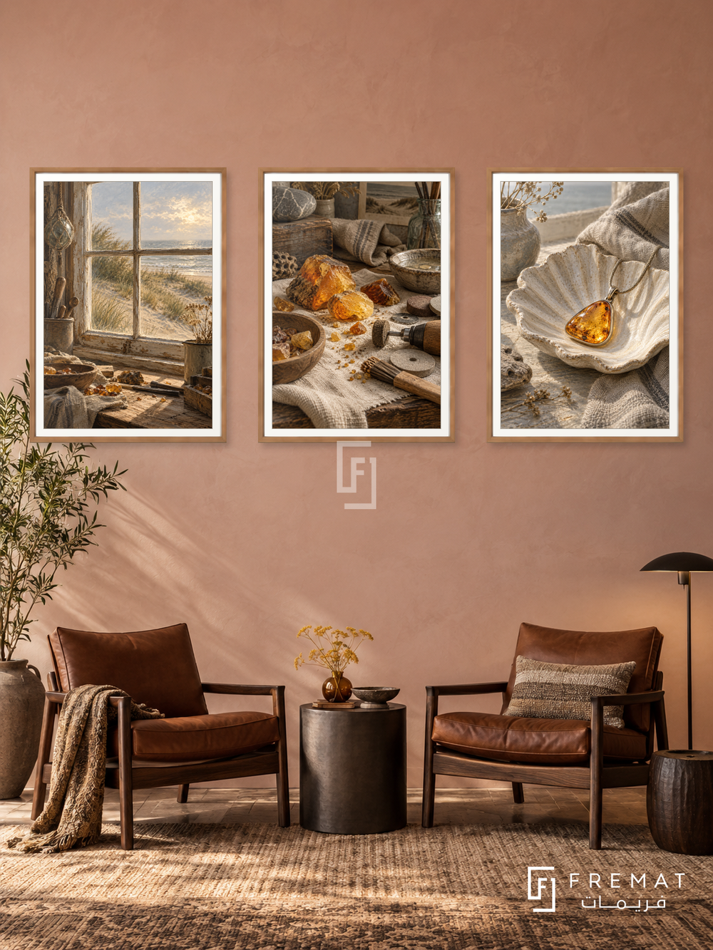 Baltic Amber — set of three complementary culture artworks in Wooden Texture frames, shown at 50×70 cm each.