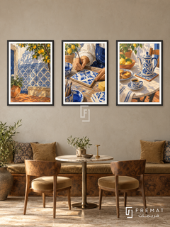 Portuguese Tile — set of three complementary culture artworks in Black frames, shown at 50×70 cm each.