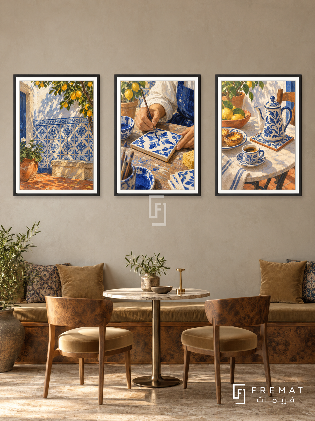 Portuguese Tile — set of three complementary culture artworks in Black frames, shown at 50×70 cm each.