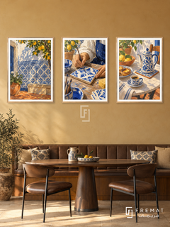 Portuguese Tile — set of three complementary culture artworks in Gold frames, shown at 50×70 cm each.