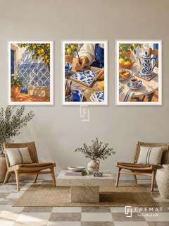 Portuguese Tile — set of three complementary culture artworks in White frames, shown at 50×70 cm each.