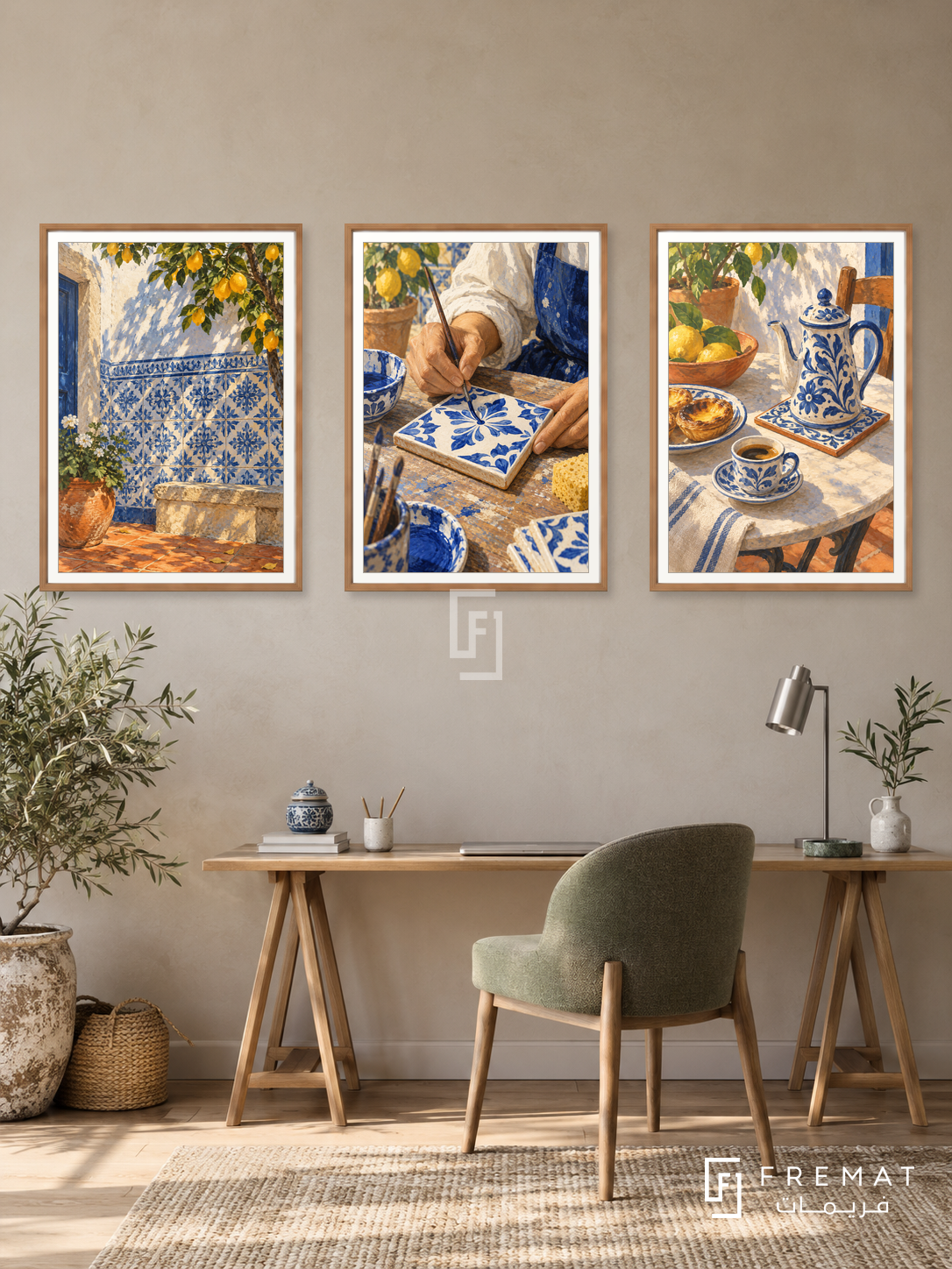 Portuguese Tile — set of three complementary culture artworks in Wooden Texture frames, shown at 50×70 cm each.