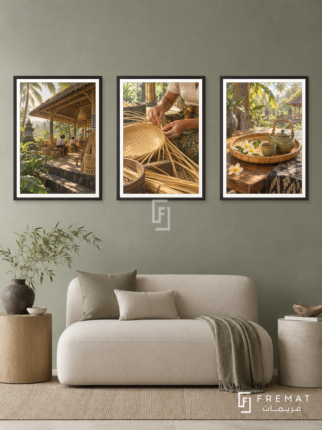 Balinese Bamboo — set of three complementary culture artworks in Black frames, shown at 50×70 cm each.
