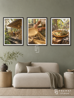 Balinese Bamboo — set of three complementary culture artworks in Black frames, shown at 50×70 cm each.