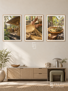 Balinese Bamboo — set of three complementary culture artworks in Gold frames, shown at 50×70 cm each.