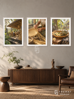 Balinese Bamboo — set of three complementary culture artworks in White frames, shown at 50×70 cm each.