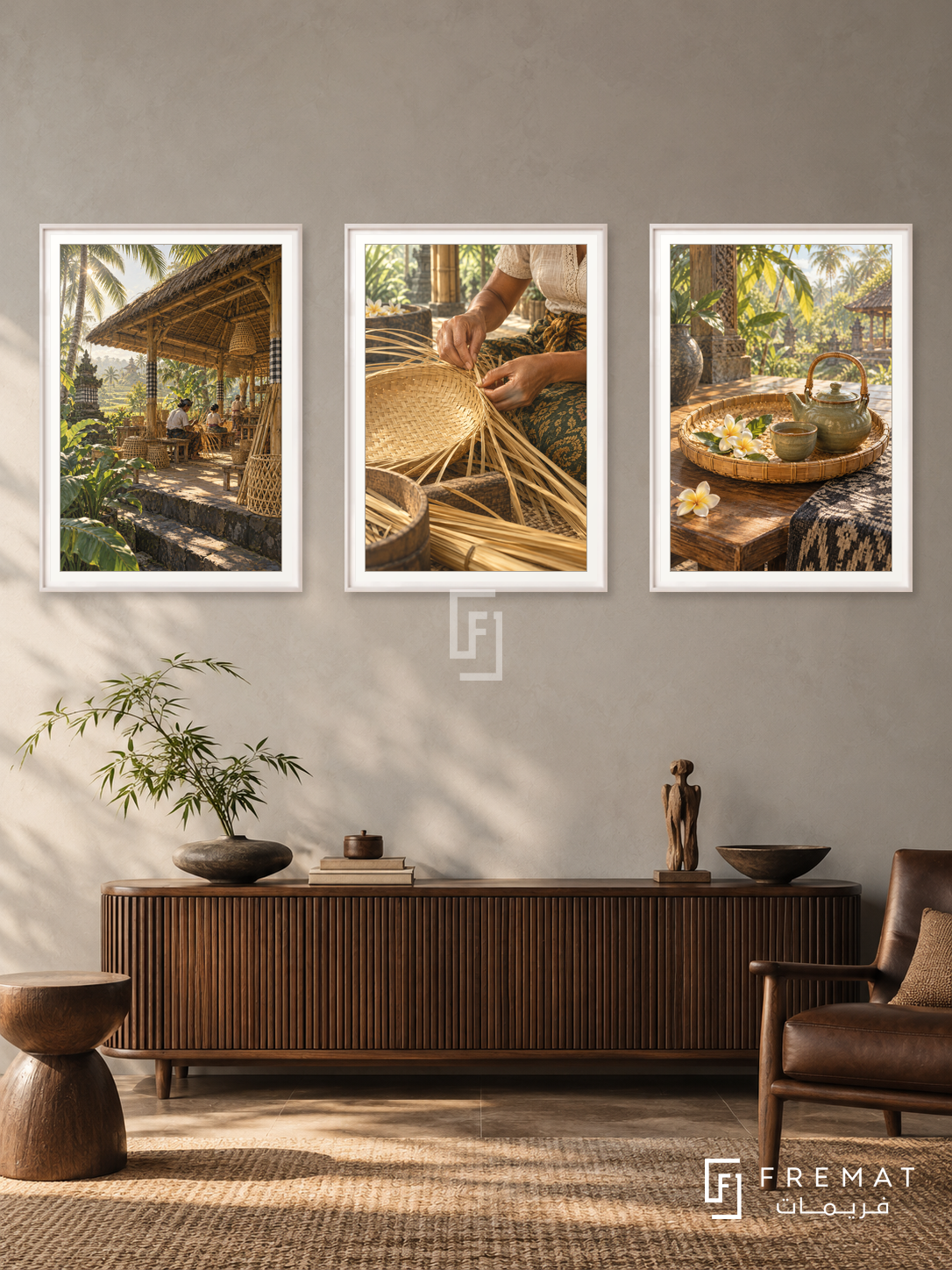 Balinese Bamboo — set of three complementary culture artworks in White frames, shown at 50×70 cm each.