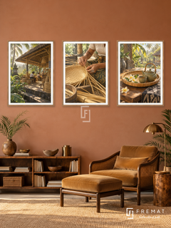 Balinese Bamboo — set of three complementary culture artworks in Wooden Texture frames, shown at 50×70 cm each.