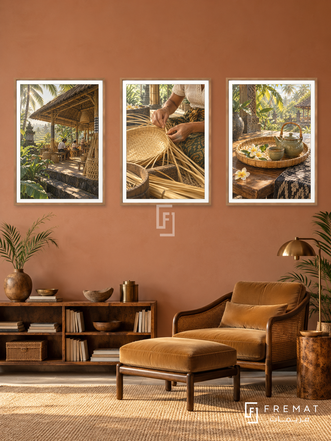 Balinese Bamboo — set of three complementary culture artworks in Wooden Texture frames, shown at 50×70 cm each.
