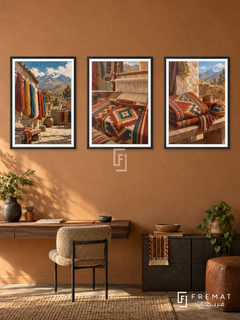 Peruvian Threads — set of three complementary culture artworks in Black frames, shown at 50×70 cm each.
