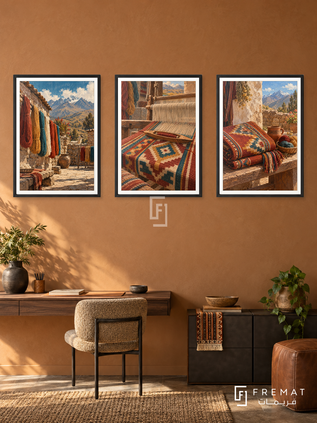 Peruvian Threads — set of three complementary culture artworks in Black frames, shown at 50×70 cm each.