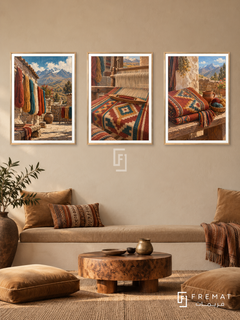 Peruvian Threads — set of three complementary culture artworks in Gold frames, shown at 50×70 cm each.