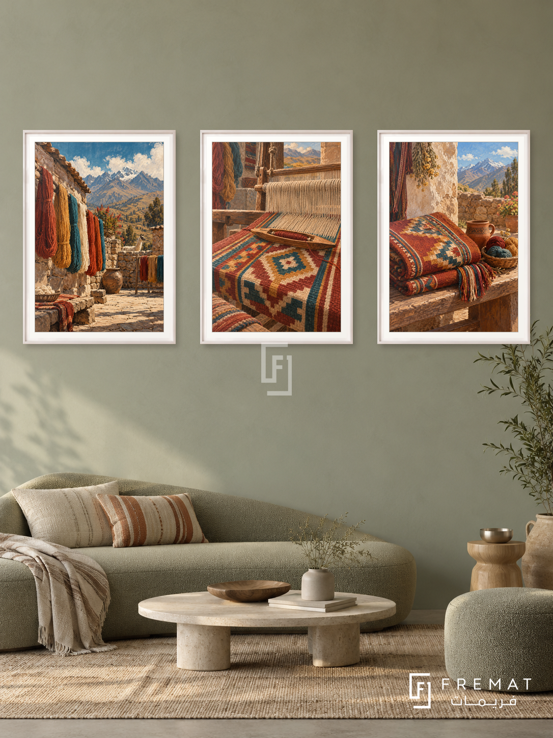 Peruvian Threads — set of three complementary culture artworks in White frames, shown at 50×70 cm each.