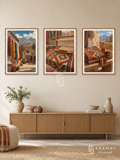 Peruvian Threads — set of three complementary culture artworks in Wooden Texture frames, shown at 50×70 cm each.