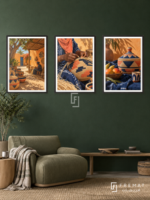 Senegal Baskets — set of three complementary culture artworks in Black frames, shown at 50×70 cm each.