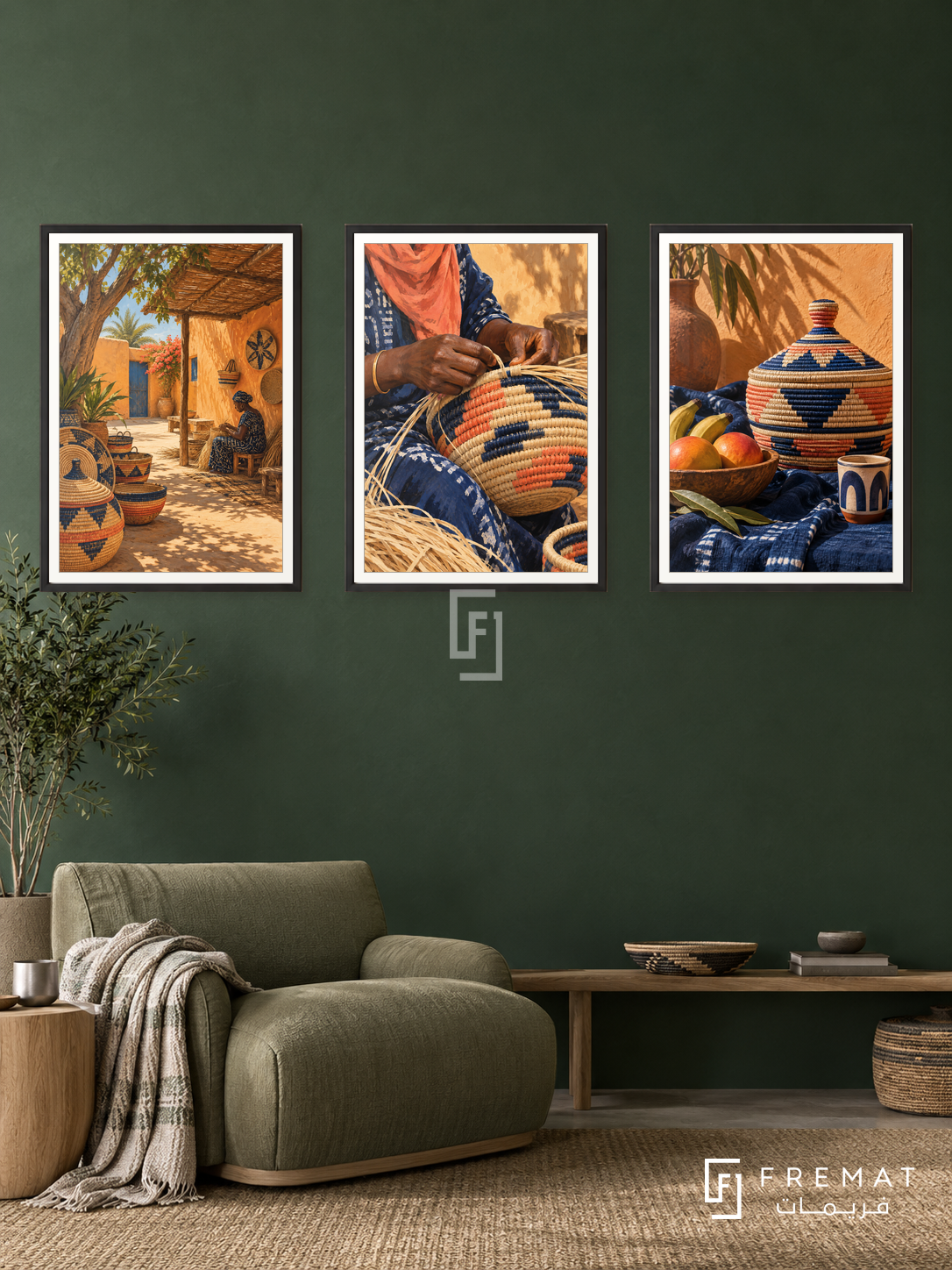 Senegal Baskets — set of three complementary culture artworks in Black frames, shown at 50×70 cm each.
