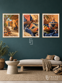 Senegal Baskets — set of three complementary culture artworks in Gold frames, shown at 50×70 cm each.