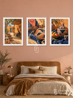 Senegal Baskets — set of three complementary culture artworks in White frames, shown at 50×70 cm each.