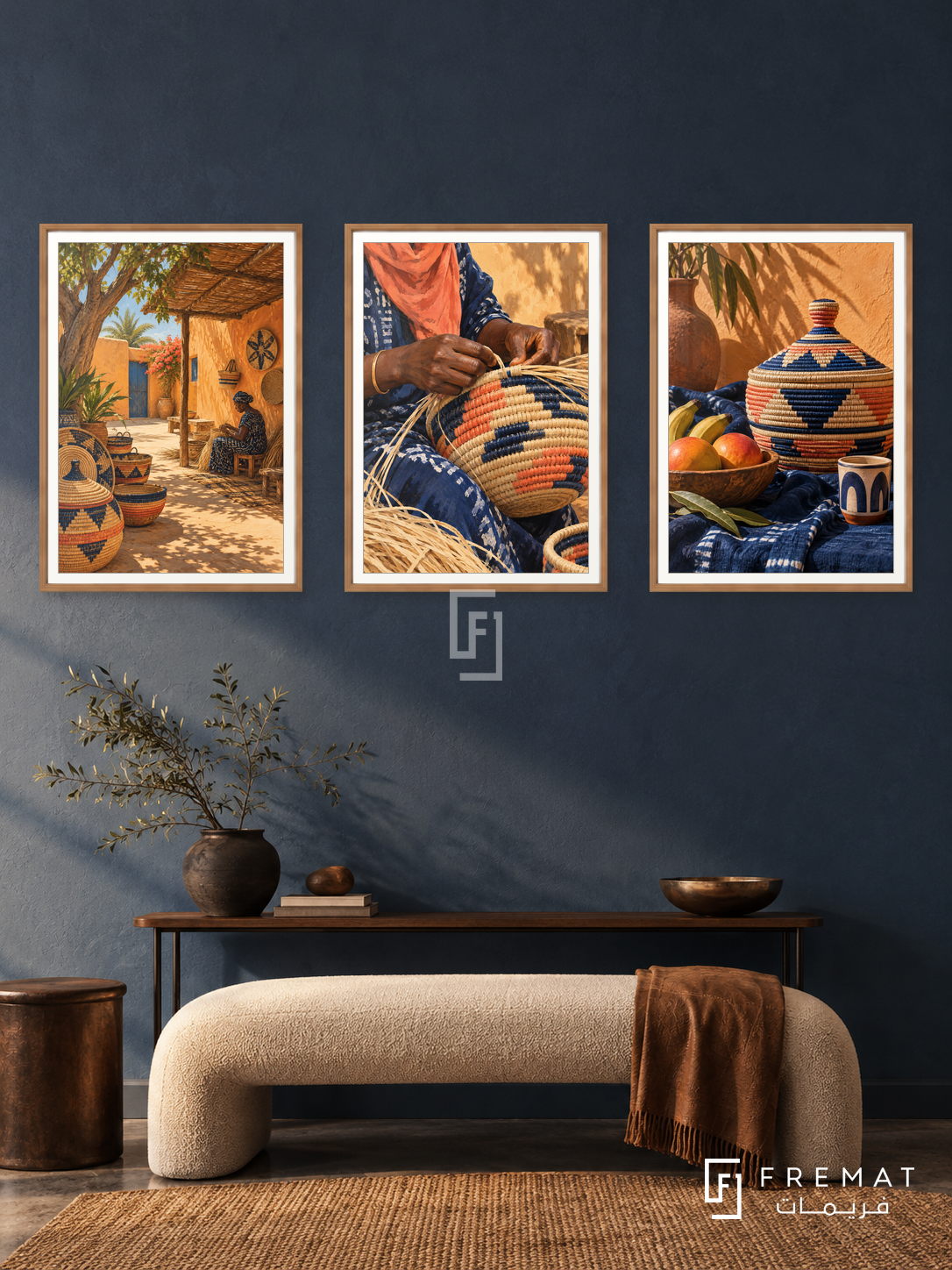 Senegal Baskets — set of three complementary culture artworks in Wooden Texture frames, shown at 50×70 cm each.