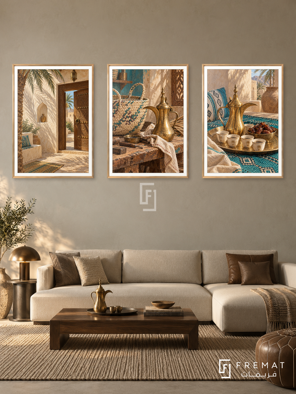 Omani Hospitality — set of three complementary culture artworks in Gold frames, shown at 50×70 cm each.