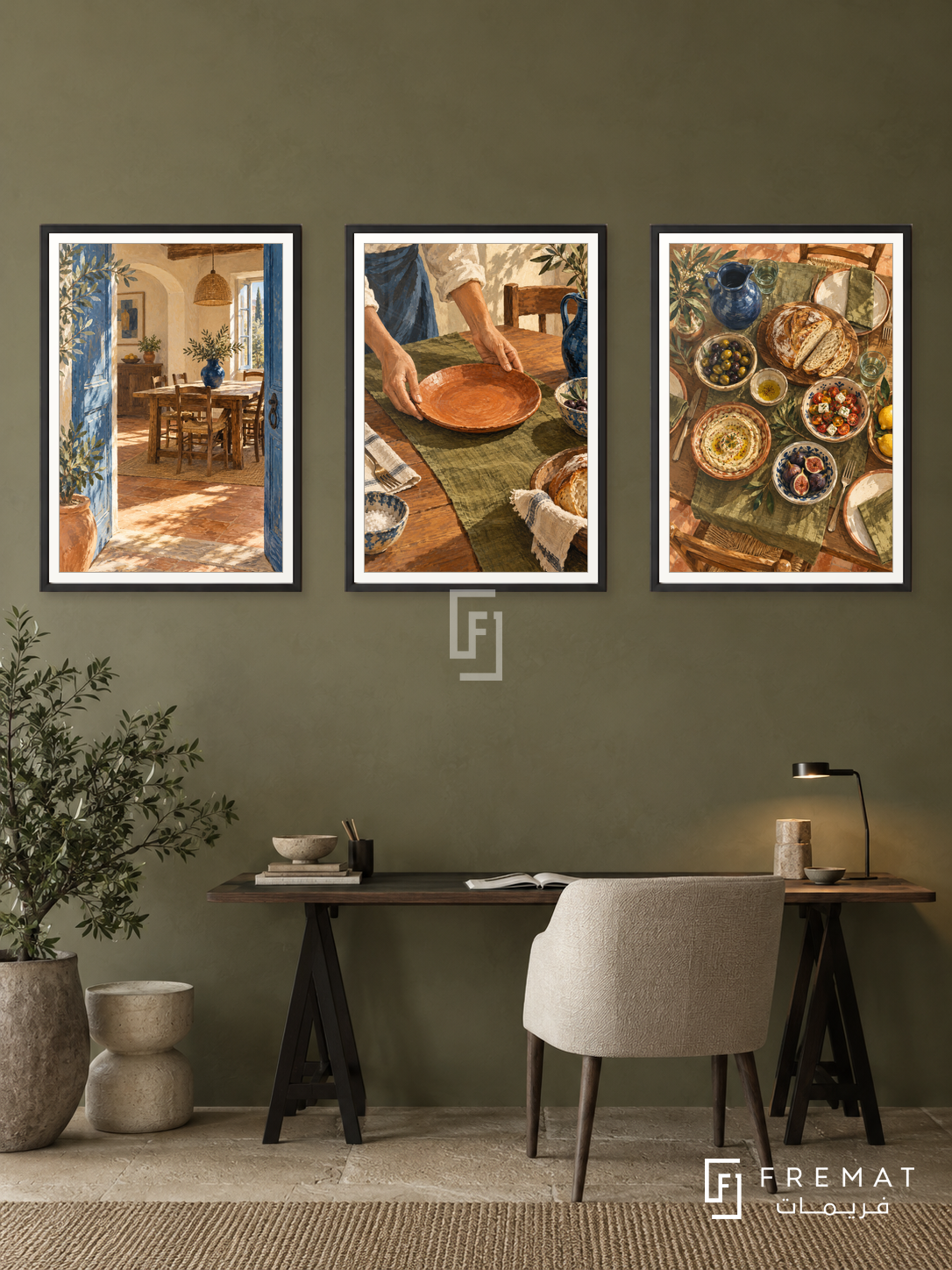 Shared Table — set of three complementary culture artworks in Black frames, shown at 50×70 cm each.