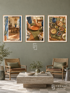 Shared Table — set of three complementary culture artworks in Gold frames, shown at 50×70 cm each.
