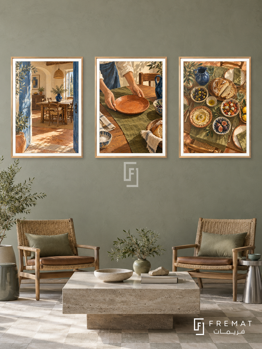 Shared Table — set of three complementary culture artworks in Gold frames, shown at 50×70 cm each.