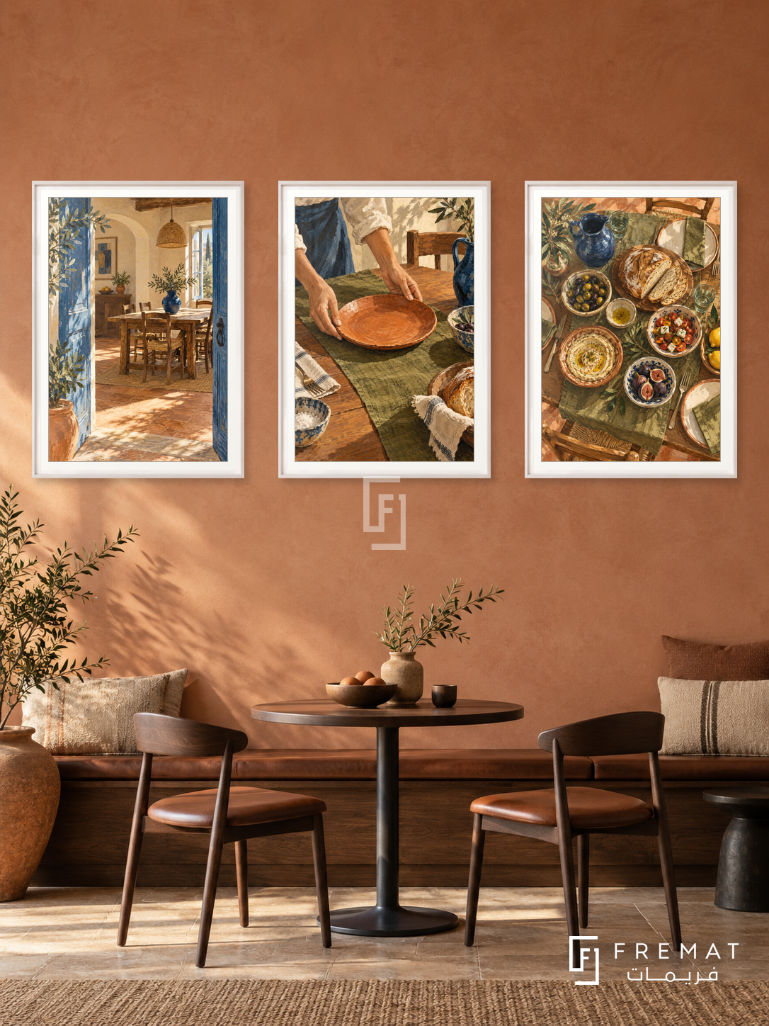 Shared Table — set of three complementary culture artworks in White frames, shown at 50×70 cm each.