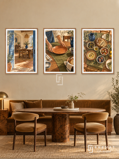 Shared Table — set of three complementary culture artworks in Wooden Texture frames, shown at 50×70 cm each.
