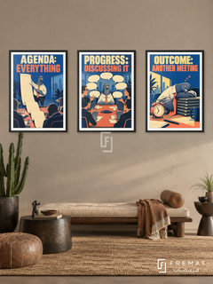 Meeting — set of three complementary funny artworks in Black frames, shown at 50×70 cm each.