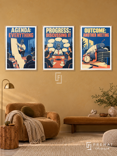Meeting — set of three complementary funny artworks in Gold frames, shown at 50×70 cm each.
