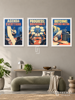Meeting — set of three complementary funny artworks in White frames, shown at 50×70 cm each.