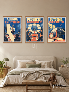 Meeting — set of three complementary funny artworks in Wooden Texture frames, shown at 50×70 cm each.