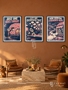 Overthinking — set of three complementary funny artworks in Black frames, shown at 50×70 cm each.