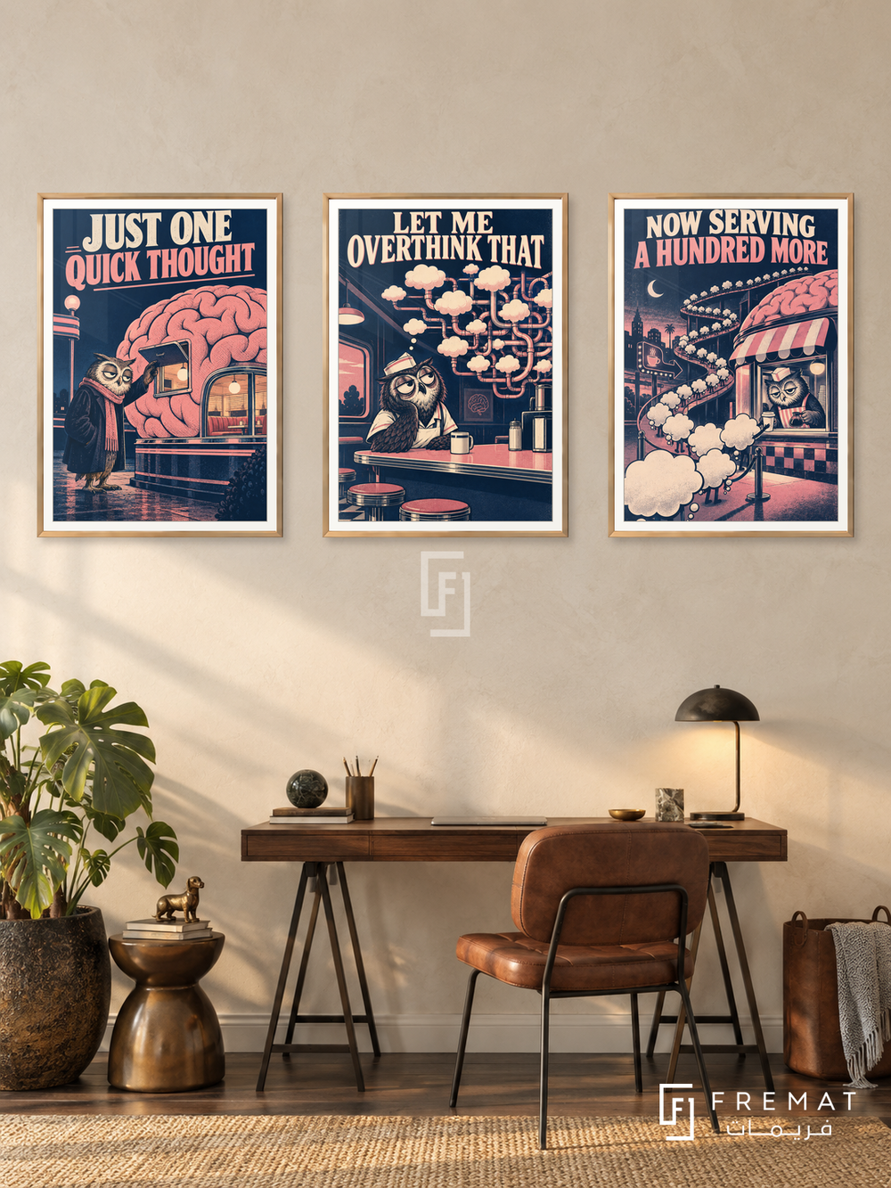 Overthinking — set of three complementary funny artworks in Gold frames, shown at 50×70 cm each.