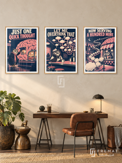Overthinking — set of three complementary funny artworks in Gold frames, shown at 50×70 cm each.