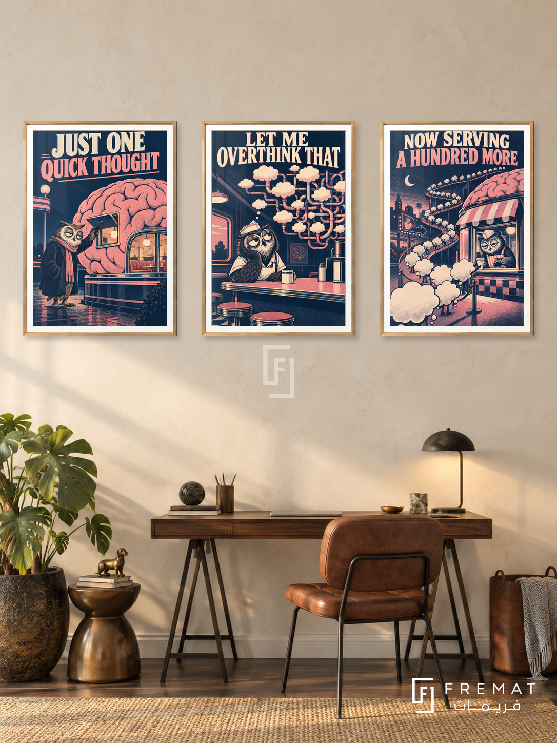 Overthinking — set of three complementary funny artworks in Gold frames, shown at 50×70 cm each.