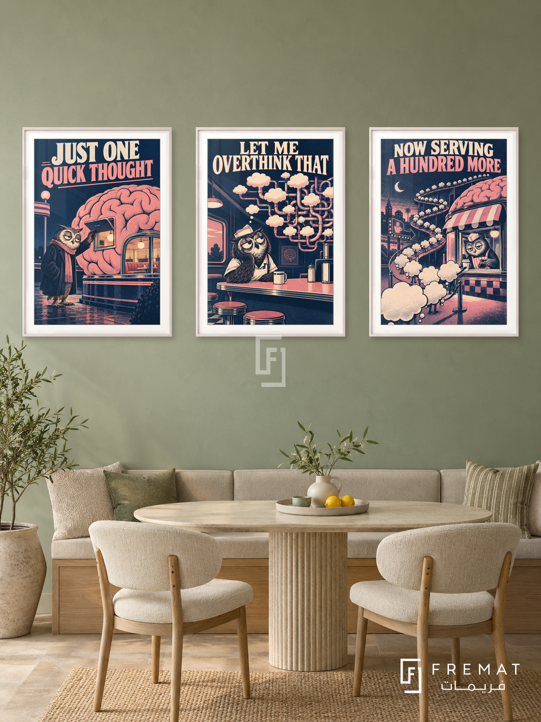 Overthinking — set of three complementary funny artworks in White frames, shown at 50×70 cm each.