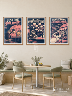 Overthinking — set of three complementary funny artworks in Wooden Texture frames, shown at 50×70 cm each.