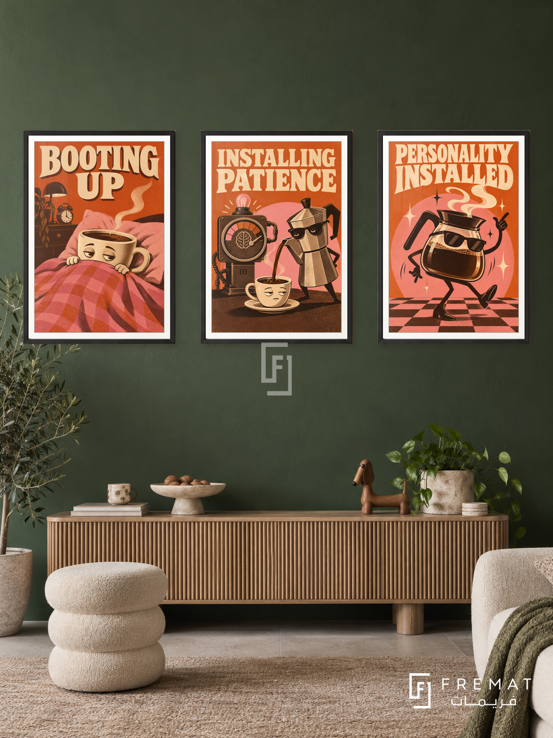 Coffee — set of three complementary funny artworks in Black frames, shown at 50×70 cm each.