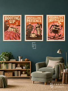 Coffee — set of three complementary funny artworks in Gold frames, shown at 50×70 cm each.