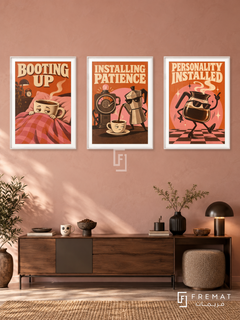 Coffee — set of three complementary funny artworks in White frames, shown at 50×70 cm each.