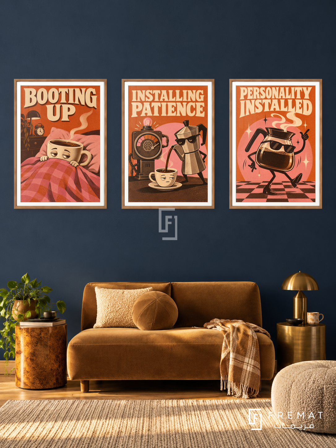 Coffee — set of three complementary funny artworks in Wooden Texture frames, shown at 50×70 cm each.