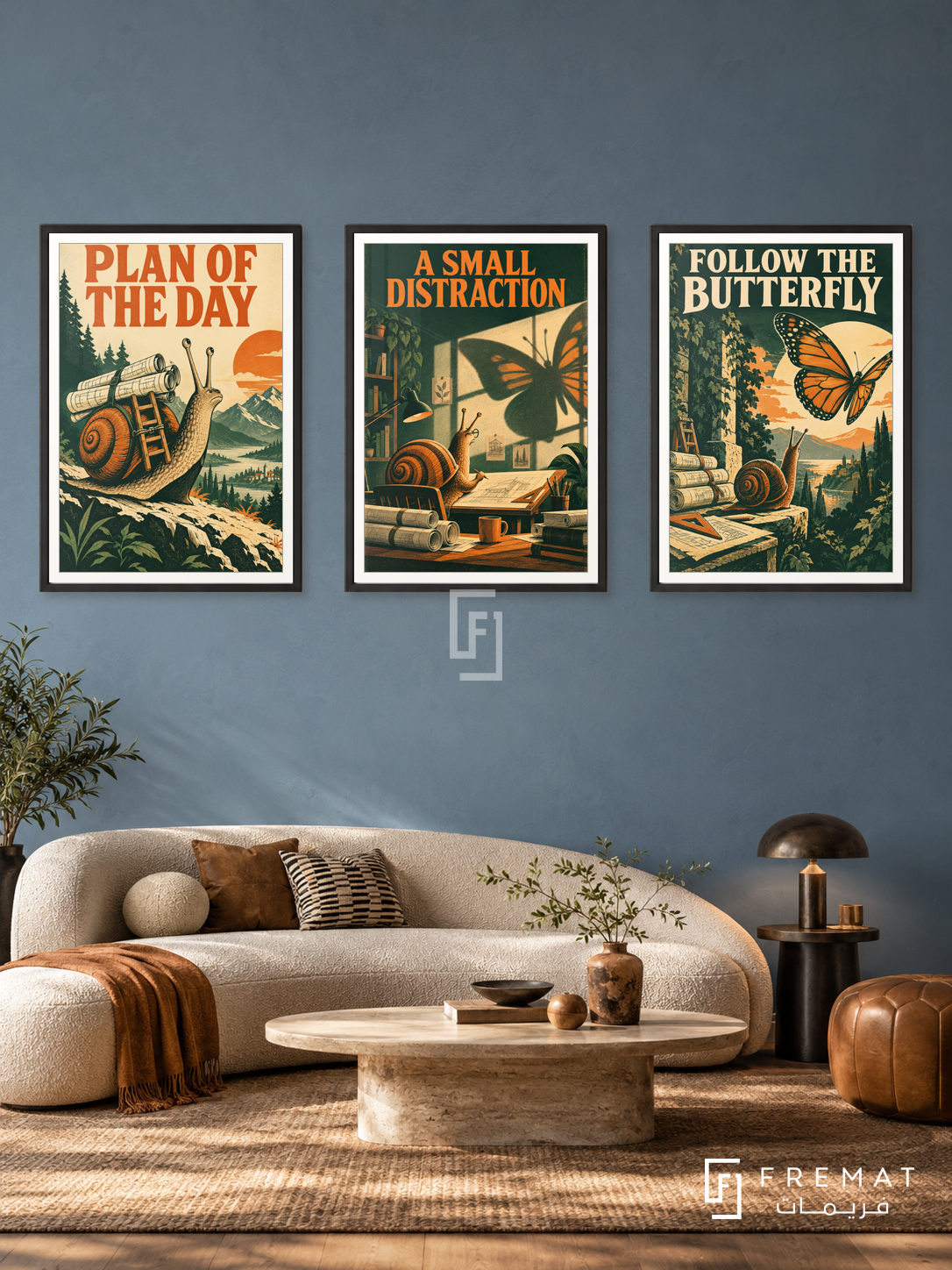 Plans — set of three complementary funny artworks in Black frames, shown at 50×70 cm each.