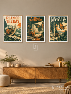 Plans — set of three complementary funny artworks in Gold frames, shown at 50×70 cm each.